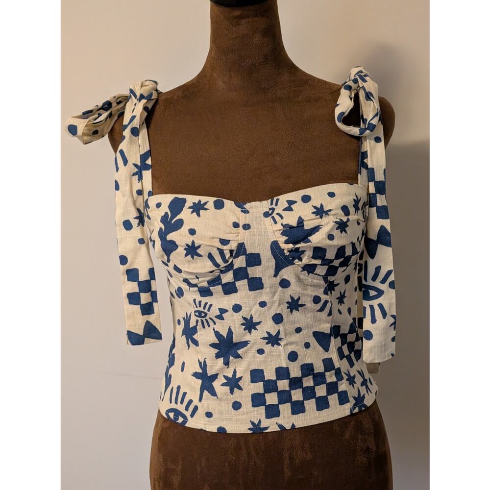 VRG GRL Salty Hair Tie Top Linen Blue Cream Print Sz 6 (Runs Small!) - Picture 2 of 9